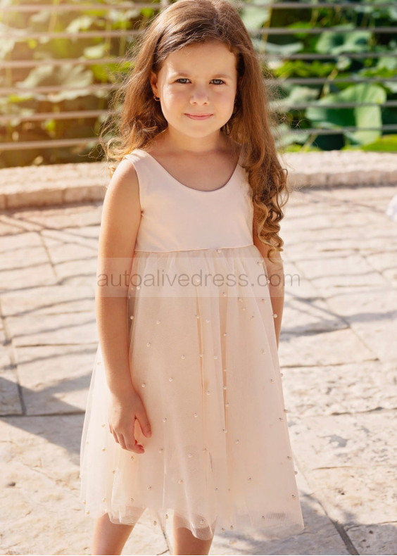 Light Peach Tulle Pearls V Back Short Flower Girl Dress